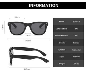 Detailliertes Diagramm der schwarzen quadratischen Sonnenbrille mit Maßen und PC-Materialien