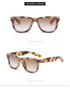 Detailansicht der Retro-Schildpatt-Sonnenbrille mit braunen Verlaufsgläsern und Nieten