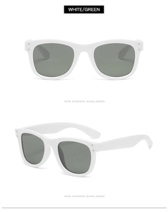 Detailansicht der weißen quadratischen Sonnenbrille mit grünen Gläsern und Nieten