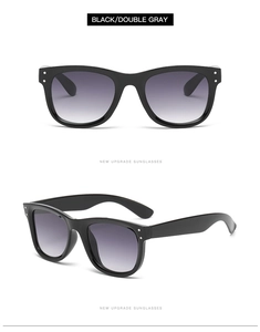 Detailansicht der schwarzen quadratischen Sonnenbrille mit grauen Verlaufgläsern