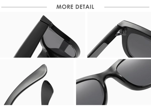 Details von integrierten Nasenpads und Metallscharnieren der schwarzen Sonnenbrille