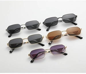 Detailed close-up of retro metal octagonal sunglasses in five stylish color variations