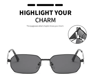 Close-up of the black geometric frame sunglasses and triangle hollow metal temple detail