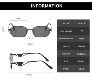 Size specifications of small rectangle metal sunglasses with hollow triangle temples