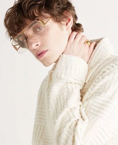 Detail of square oversized metal sunglasses with hollow triangle temple on female model