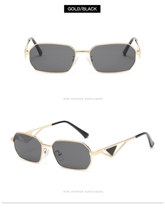 Detailed view of gold metal sunglasses with unique triangular hollow geometric temples