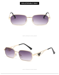 Detail of gold geometric sunglasses with gradient lenses and triangle temple design