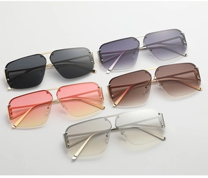 Detailed view of oversized square sunglasses with metal double bridge in multi-color options