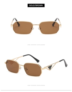 Detail of gold metal sunglasses with brown lenses and unique triangular hollow temples