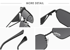 Detailed views of geometric sunglasses featuring iconic black triangular temple accents