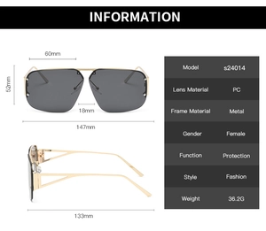 Detailed size specification chart for oversized square metal frame sunglasses