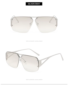 Detail of silver square aviator sunglasses with hollow geometric metal temple design