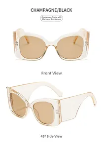 Détail de lunettes de soleil œil-de-chat champagne avec larges branches et verres teintés