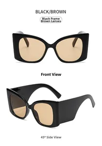 Vues de face et de côté de lunettes de soleil noires à larges branches et verres marron