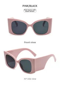 Détail de lunettes de soleil œil-de-chat roses montrant les charnières et dimensions