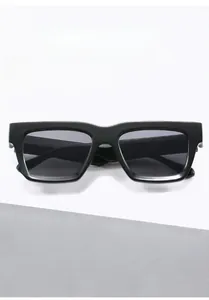 Detail view of square black polarized sunglasses featuring thick frames and anti-glare lenses