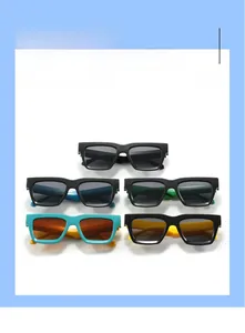 Close-up of multicolor square sunglasses frames with vibrant temples in various stylish options