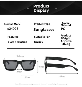 Detailed dimensions of square PC sunglasses with lens width 148mm and frame height 49mm