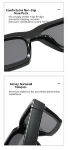 Detail of premium wide temples and comfortable nose pads on black square sunglasses