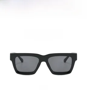 Front view of classic black thick square frame sunglasses with dark gray lenses