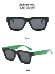 Front and side views of vintage square sunglasses with black frames and green temples