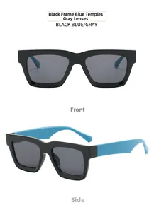 Classic black square frame sunglasses with blue temples showing front and side views