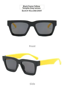 Detail view of square black frames with yellow temples and gray lenses in front and side view