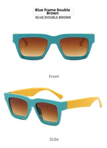 Front and side views of square thick-framed sunglasses in blue and yellow colors
