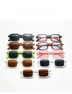Detailed grid of retro small square sunglasses in nine different frame and lens colors