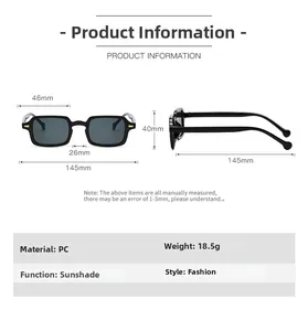 Detailed size chart of square frame sunglasses with precise measurements in millimeters