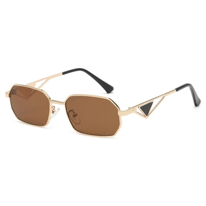 Octagonal metal sunglasses with brown lenses and hollow triangular temple details
