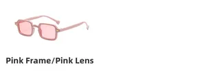 Detailed view of rectangle pink sunglasses featuring elegant gold metal frame accents