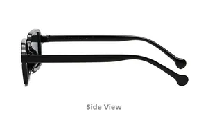 Side view of square sunglasses featuring sleek black frames and round beaded temple tips