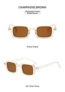 Detail view of champagne square sunglasses with brown lenses from front and side angles