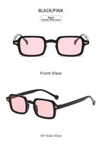 Positive and 45-degree side views of black rectangular sunglasses with pink lenses