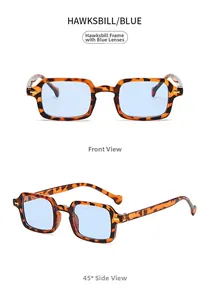 Front and 45-degree side view of vintage square tortoiseshell sunglasses with blue lenses