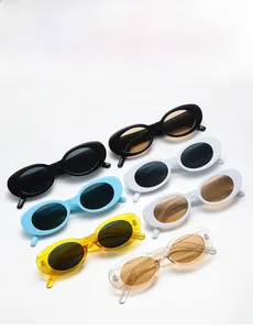 Detailed display of vintage oval sunglasses in various colors on a white surface