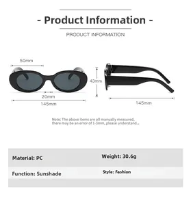 Detailed size chart for retro oval sunglasses with frame dimensions and PC material info