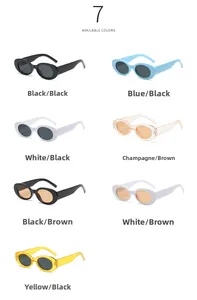 Detailed grid showing seven color options of oval vintage sunglasses with plastic frames