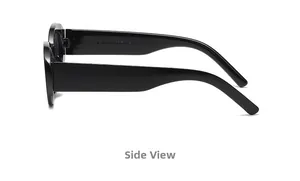 Side view of oval sunglasses featuring wide black temples and model specification text