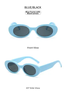 Front and 45-degree angle views of retro oval sunglasses with blue frames and dark lenses
