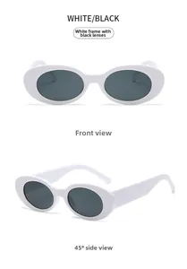 Close-up of retro oval sunglasses with wide white frames and dark grey lenses in dual view