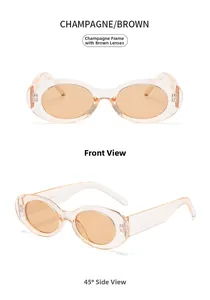 Detail view of oval champagne frames and brown lenses on retro sunglasses