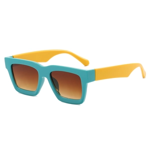 Classic square sunglasses with teal frame, orange temples and brown gradient lenses