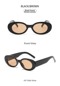 Detail of oval retro sunglasses with black frames and translucent brown lenses in two views