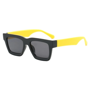 Classic square sunglasses with bold black frames and vibrant yellow temples in trendy style