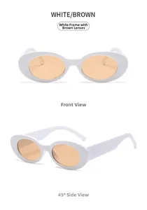 Oval retro sunglasses in white frame with brown lenses shown from front and side views