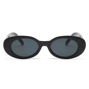 Retro oval sunglasses with glossy black frame and dark grey lenses for men and women