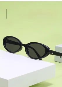 Detail of classic black oval frame sunglasses with dark lenses on a minimalist pedestal