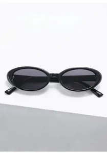 Close-up of retro black oval sunglasses with high-gloss finish and dark grey polarized lenses